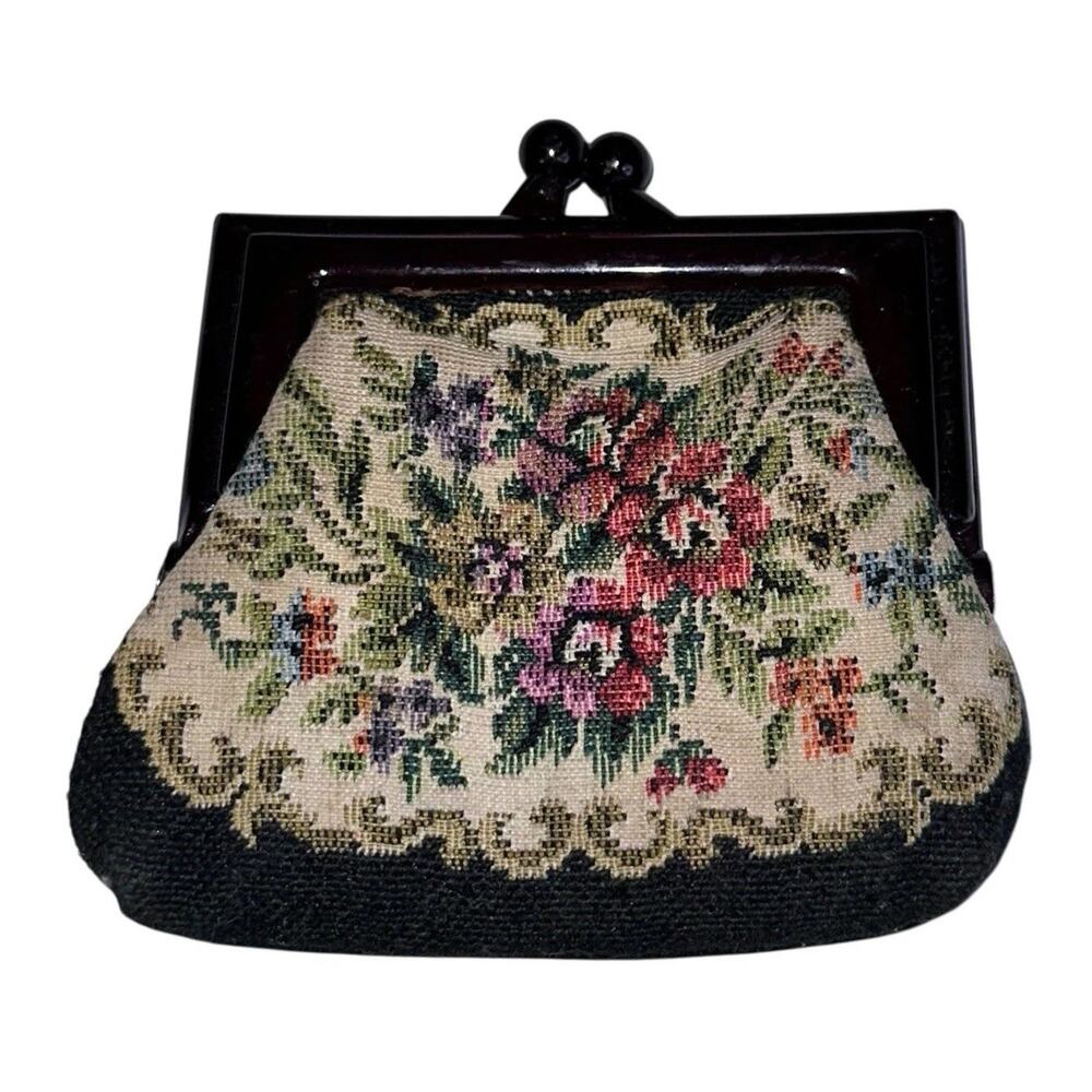 Vintage Floral Tapestry Coin Purse Pouch Kiss Lock Closure Retro Victorian 3.5x4